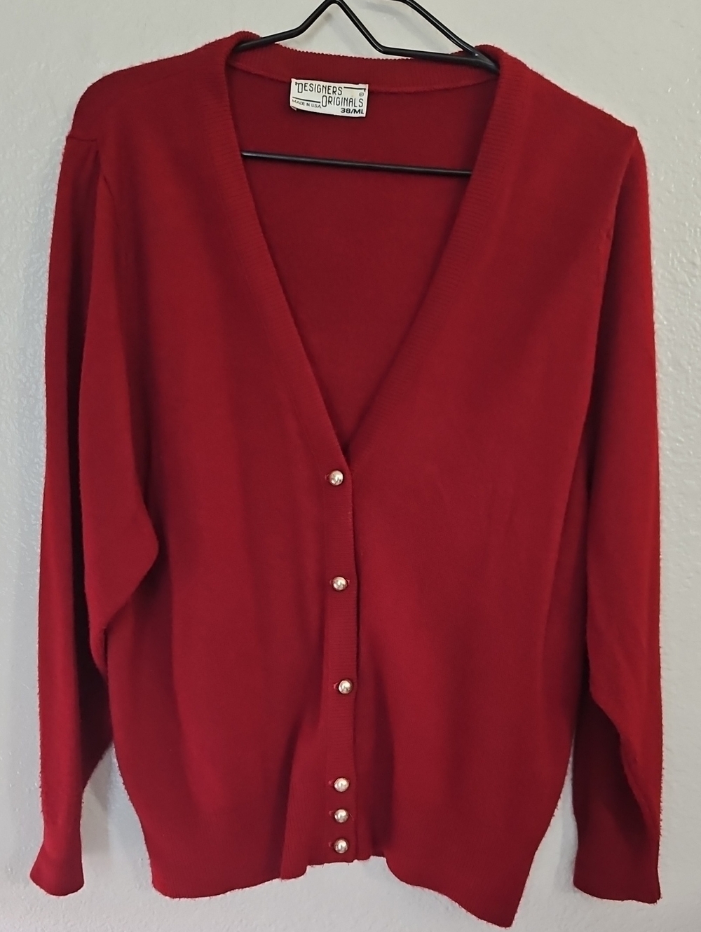 Vintage Designers Originals Red Cardigan Sweater M Made in USA Pearl Button